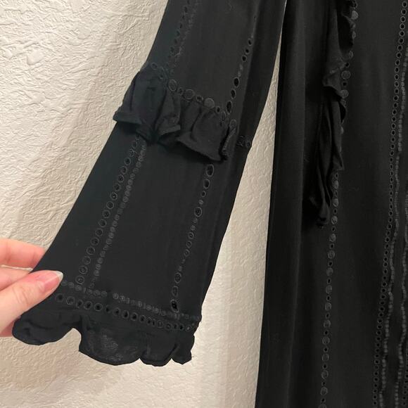 IRO Jeyss 17S Ruffle Eyelet Mini Dress Size 4 Small Black Bell Sleeve Tunic Goth - Picture 4 of 16